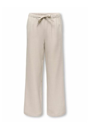 Beżowe lniane spodnie o szerokich nogawkach, z elastycznym paskiem w talii i regulowanym sznurkiem, zaprojektowane do noszenia na co dzień.