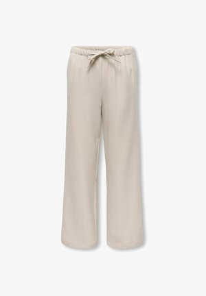 Beżowe lniane spodnie o szerokich nogawkach, z elastycznym paskiem w talii i regulowanym sznurkiem, zaprojektowane do noszenia na co dzień.