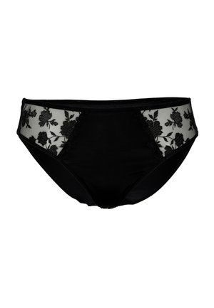 Mutandine da donna nere con pannelli laterali in pizzo floreale e rete e parte centrale anteriore in tessuto solido, mostrate su sfondo bianco.
