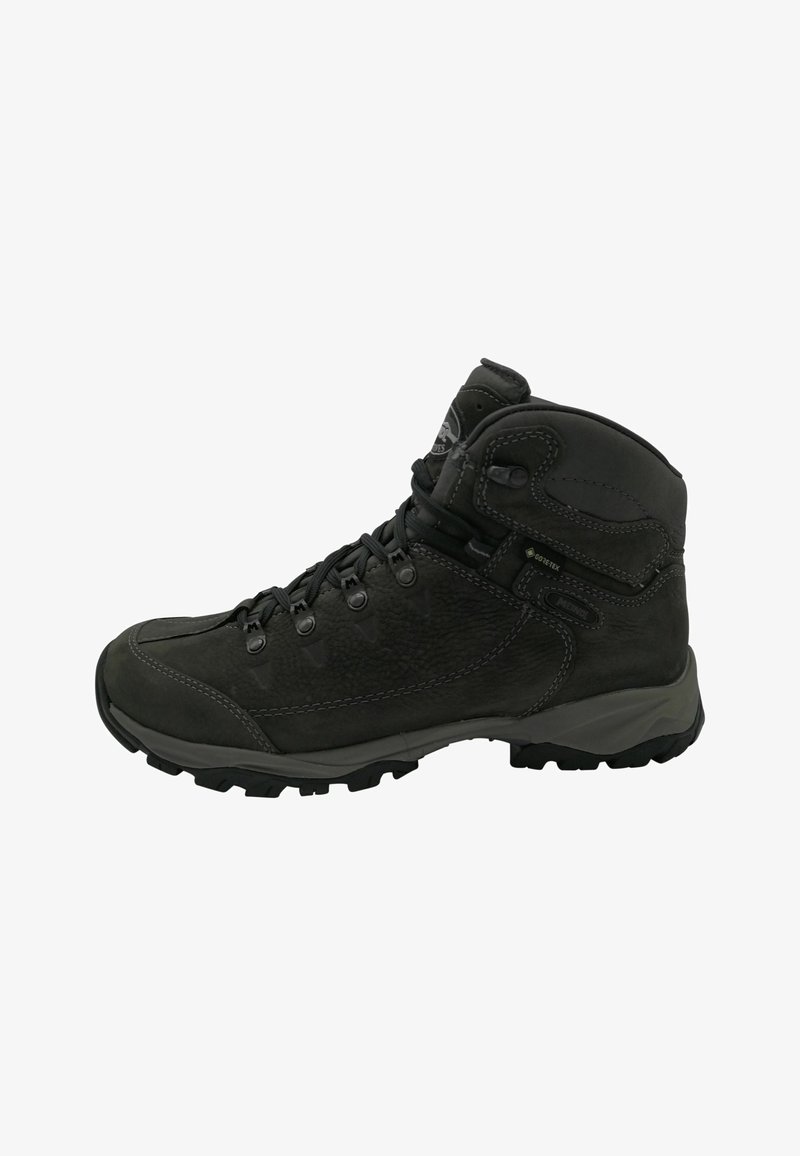 Black hiking boot made of leather and synthetic material, with a textured finish, high ankle support, and rugged rubber sole.