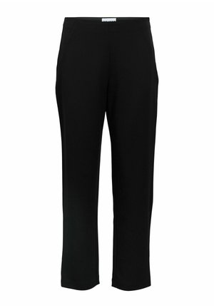 Juodos, tamprios kelnės su tiesiomis kojų linijomis. Yra dvi šoninės kišenės ir elastinga liemuo, užtikrinantis patogumą. Lygus tekstūra ir modernus stilius.