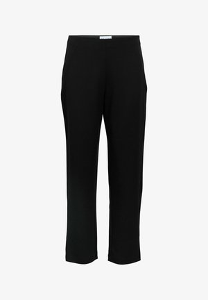 Mustat, joustavat housut suorilla lahkeilla. Varustettu kahdella sivutaskulla ja elastisella vyötärönauhalla mukavuutta varten. Sileä pinta ja moderni tyyli.