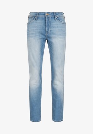 Light blue denim jeans with a slim fit, featuring a button closure, five pockets, and subtle whiskering on the front for texture.