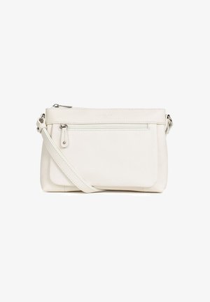 Borsa a tracolla in pelle bianca con tasca frontale con cerniera, tracolla regolabile e superficie liscia. Presenta dettagli in hardware argentato.