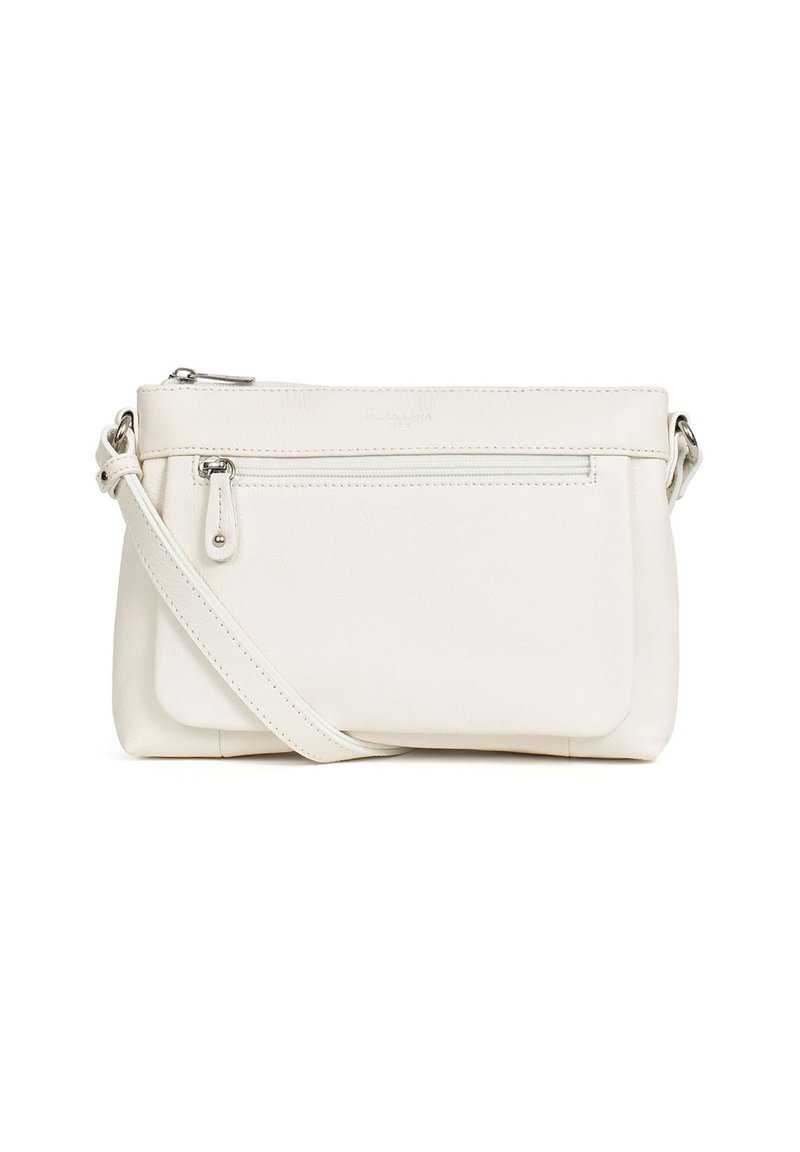 Borsa a tracolla in pelle bianca con tasca frontale con cerniera, tracolla regolabile e superficie liscia. Presenta dettagli in hardware argentato.