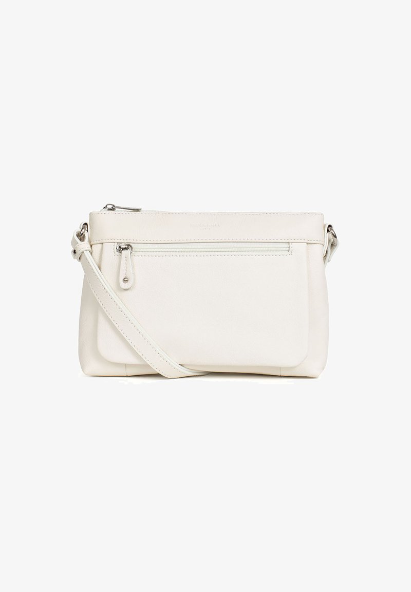 Borsa a tracolla in pelle bianca con tasca frontale con cerniera, tracolla regolabile e superficie liscia. Presenta dettagli in hardware argentato.