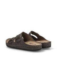 Sandalias de ante marrón con dos correas ajustables, una plantilla moldeada y detalles cosidos en la suela.