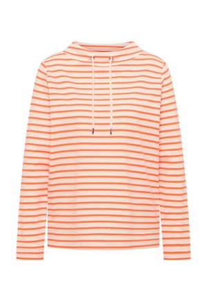 Haut à manches longues à rayures horizontales corail et blanches avec un col montant et des cordons devant.