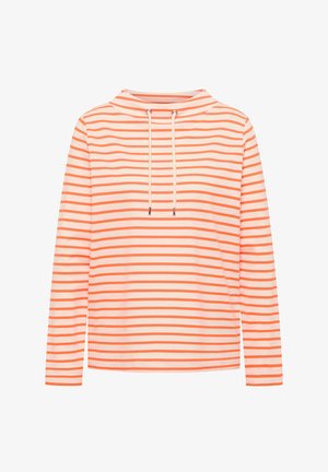 Dlouhý rukáv s korálově červenými a bílými vodorovnými pruhy, vysoký límec a přední šňůrky.