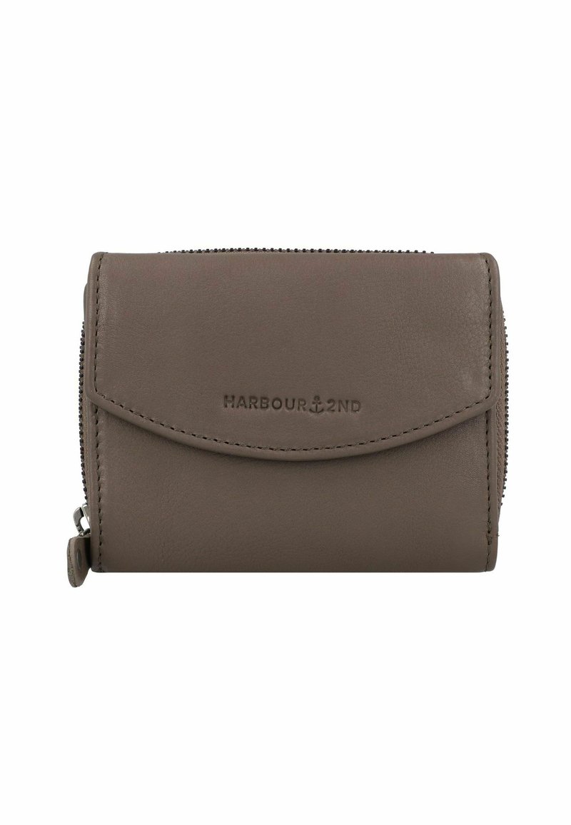 Brown leather wallet with a zip closure, curved flap, and embossed logo. Smooth texture and compact rectangular shape.