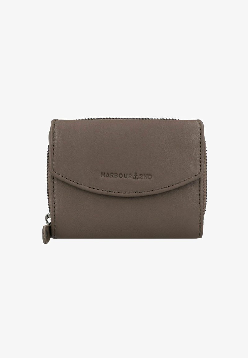 Brown leather wallet with a zip closure, curved flap, and embossed logo. Smooth texture and compact rectangular shape.