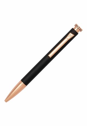 Sort pen med en spids spids, mat finish og en rose guld klips accent. Har et dekoreret guld bånd øverst med indbyggede rhinsten.
