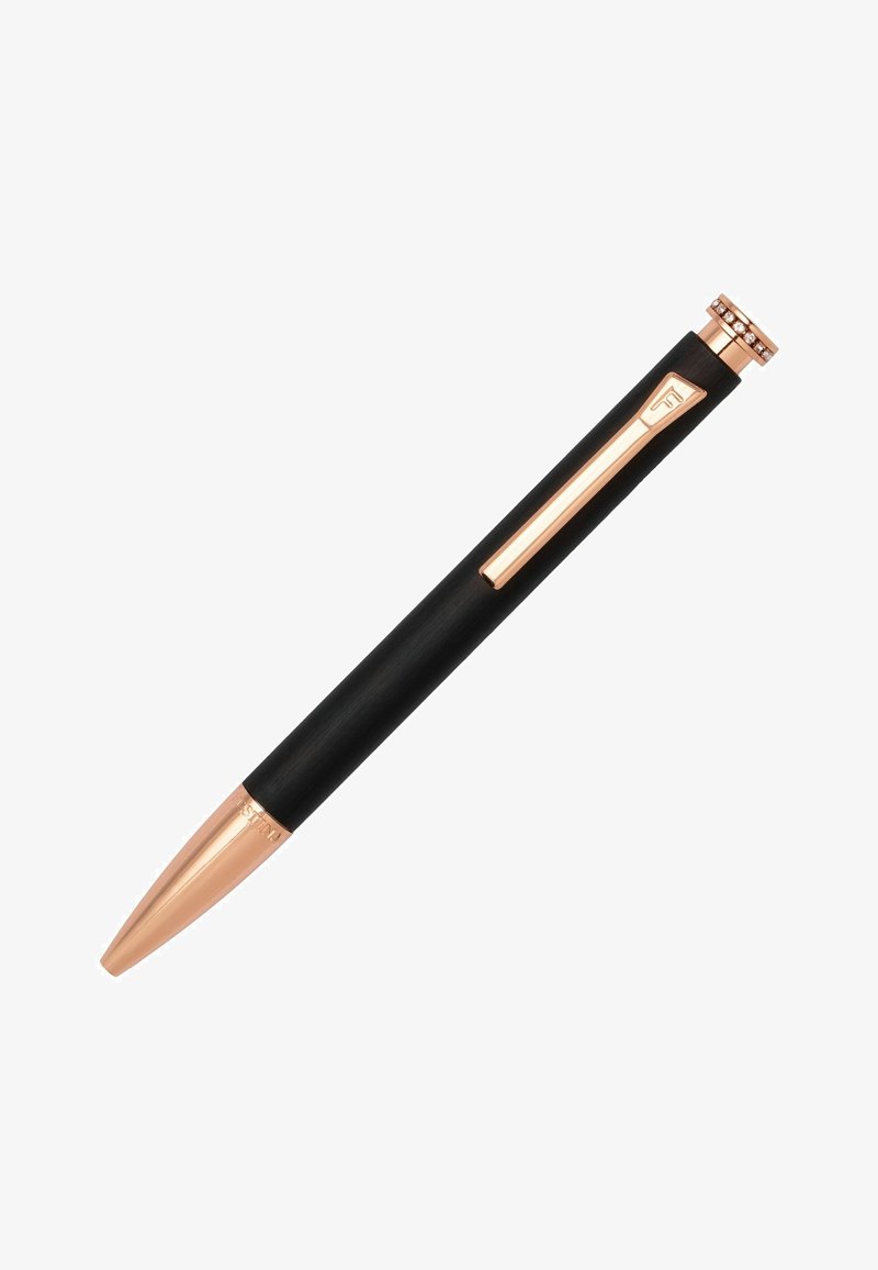Svart penna med en avsmalnande spets, matt yta och ett klipp i roséguld. Har ett dekorativt guldband högst upp med inlagda rhinestones.