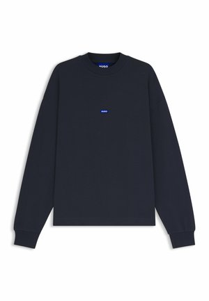Dark navy sweatshirt with long sleeves, ribbed neckline, and small blue "HUGO" logo at the center. Made of soft cotton material.