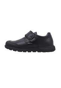Zapato infantil de cuero negro con correa de velcro y detalle de flor. Presenta acentos perforados y una suela de goma texturizada para mayor agarre.