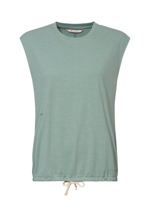 Mouwloos lichtgroen topje met trekkoord in de taille, een ronde halslijn en licht gewatteerde schouders.