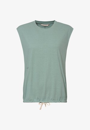 Mouwloos lichtgroen topje met trekkoord in de taille, een ronde halslijn en licht gewatteerde schouders.