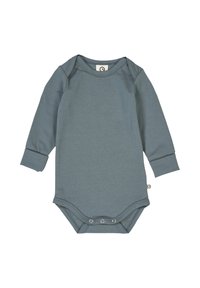 Long-sleeve baby bodysuit in soft blue-grey fabric, featuring a round neck, cuffed sleeves, and snap closures at the bottom.