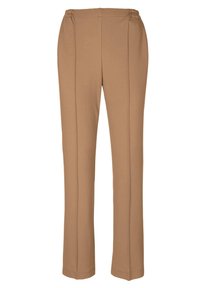 Beige, stretch stof broek met een rechte snit, voorzien van een elastische tailleband en verticale stikdetails aan de voorkant.