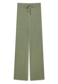 Groene gebreide wijde broek met verticale ribbelstructuur en een strikkoord in de taille. Zacht materiaal, casual pasvorm en ontwerp met volledige lengte.
