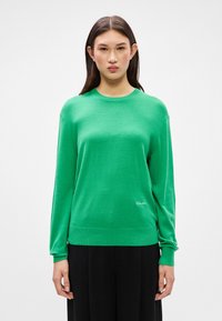 Πράσιν�ο πουλόβερ από μαλακό ύφασμα, με στρογγυλή λαιμόκοψη, μακριά μανίκια και ριμπ τελείωμα. Μικρή λεπτομέρεια λογότυπου στην κάτω γωνία.