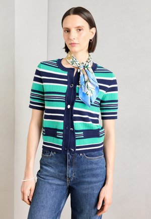 Cardigan à manches courtes rayé en vert, bleu et marine. Texture côtelée avec fermeture à boutons et poches plaquées. Assorti à un foulard en soie à imprimé floral.