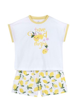 Weißes Kinder-Pyjama-Set mit gelbem Saum, Zitronendrucken auf der Shorts und dem Text „have good night“ mit lächelnden Zitronenillustrationen auf dem Oberteil.