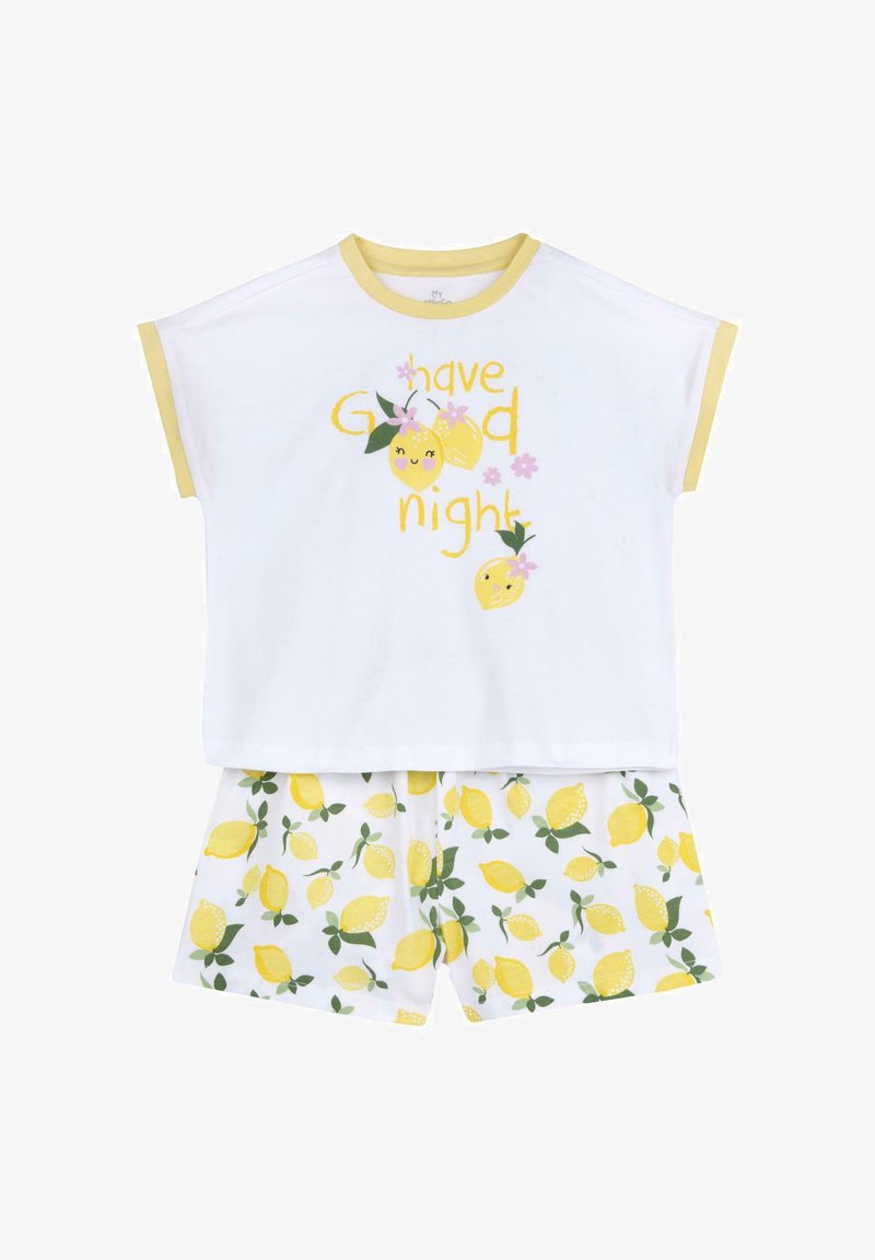 Ensemble de pyjama blanc pour enfants avec bordure jaune, motifs de citrons sur le short, et texte "have good night" avec illustrations de citrons souriants sur le haut.