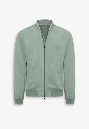 Hellgrüne Bomberjacke mit Lochmuster, Frontreißverschluss, geripptem Kragen, Bündchen und Bund.