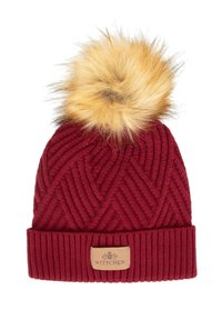 Cappello a maglia color bordeaux con motivo testurizzato, caratterizzato da un soffice pon pon dorato sulla cima e una toppa in pelle con marchio sul risvolto.