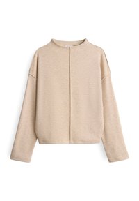 Beige lange mouw trui met ronde hals en een zichtbare centrale naad die verticaal op de voorkant loopt, weergegeven tegen een witte achtergrond.