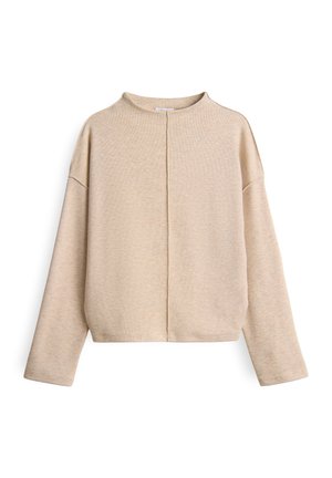 Beige Pullover mit langen Ärmeln und Rundhalsausschnitt, mit einer sichtbaren mittigen Naht, die vertikal auf der Vorderseite verläuft, vor einem weißen Hintergrund präsentiert.
