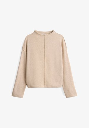 Beige Pullover mit langen Ärmeln und Rundhalsausschnitt, mit einer sichtbaren mittigen Naht, die vertikal auf der Vorderseite verläuft, vor einem weißen Hintergrund präsentiert.