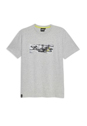 Graues Baumwoll-T-Shirt mit kurzen Ärmeln, das einen rechteckigen Grafikdruck in Schwarz und Weiß mit einem gelben Akzent in der Mitte zeigt.