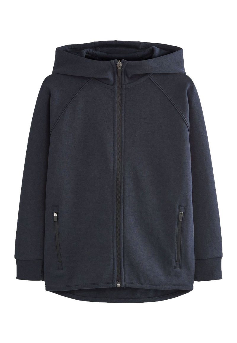 Felpa con cappuccio blu navy, con chiusura frontale a zip, tasche laterali con zip e polsini a coste. Realizzata in tessuto testurizzato, offre una vestibilità comoda.