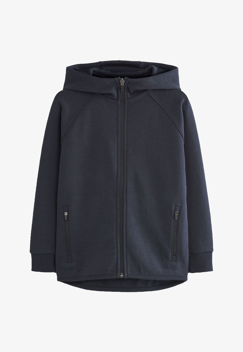 Tamnoplava dukserica s kapuljačom, s prednim zatvaračem, bočnim džepovima na zip, i rebrastim manžetama. Izrađena od teksturirane tkanine, nudi opušteni kroj.