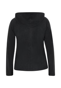 Schwarze Kapuzenjacke aus weichem Stoff. Verfügt über lange Ärmel und eine glatte Textur. Schlichtes Design ohne sichtbare Akzente oder Muster.