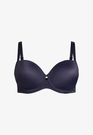 Mornarsko podložen modrček z teksturiranim geometrijskim vzorcem, s podporo pod žico, nastavljivimi naramnicami in majhnim oknom na sprednjem srednjem delu.