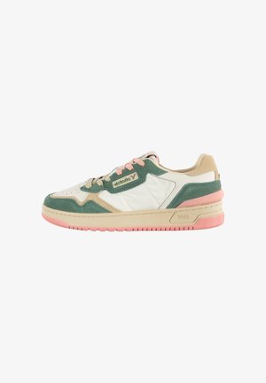 Low-top sneaker with cream, green, beige, and pink panels, pink laces, and "victoria" logo on the side.