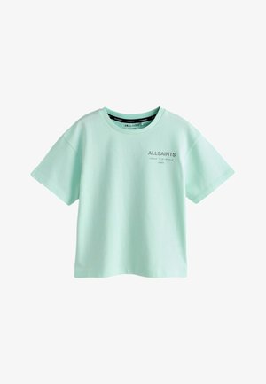 Mintgrøn T-shirt med korte ærmer med "ALLSAINTS" og japansk tekst trykt på venstre bryst, rund hals, lavet i Tyrkiet.