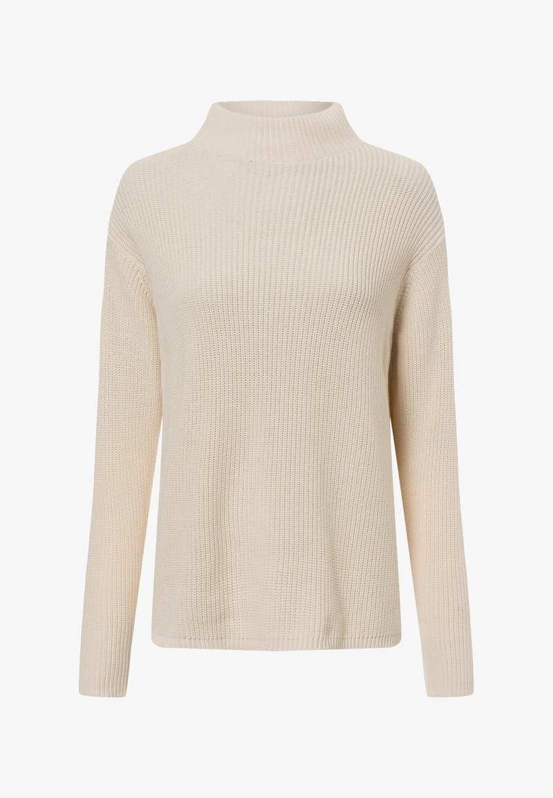 Hellbeiger Pullover mit hohem Kragen, gerippter Textur und langen Ärmeln. Einfaches Design mit einem lockeren Schnitt und ohne sichtbare Verzierungen.