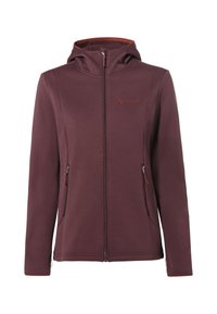 Bordeaux softshelljack met een rits aan de voorkant, verstelbare capuchon en twee zijzakken met rits. Heeft subtiele logo's en contrasterende accenten.