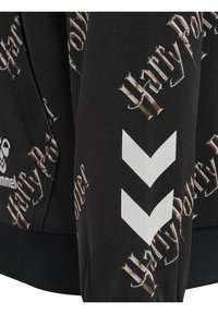 Felpa nera con testo ripetuto "Harry Potter" in carattere dorato. Presenta un motivo a zig zag bianco sulla manica e polsini a costine.