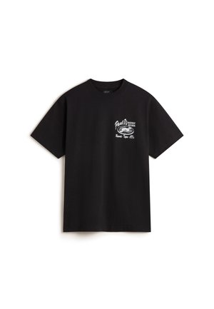 Schwarzes Baumwoll-T-Shirt mit kurzen Ärmeln. Mit einem weißen Grafikdruck auf der linken Brust, der eine Schallplatte und Text zeigt.