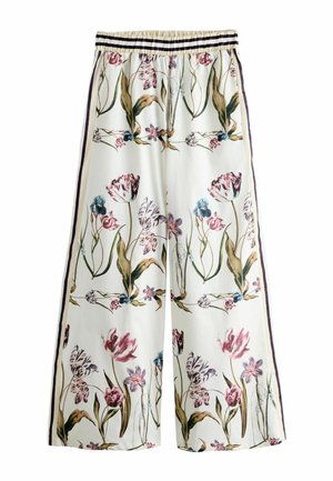 Pantaloni cu croială largă, talie elastică, fundal crem, dungi verticale pe lateral și imprimeu floral multicolor cu lalele și frunze.