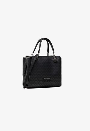 Black tote bag with textured nylon material, featuring dual handles, detachable shoulder strap, and a logo accent on the front.
