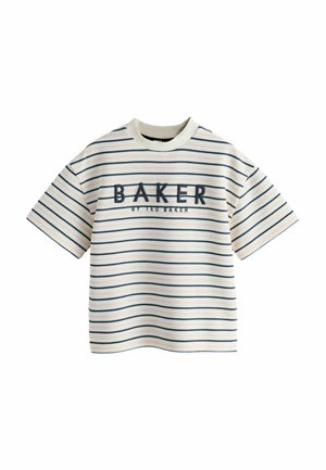 Short-sleeve, cream shirt with navy and light pink horizontal stripes and "BAKER BY TED BAKER" embroidered across the chest.