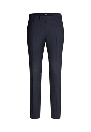 Pantaloni da uomo in navy scuro con tessuto texturizzato, vestibilità slim, pieghe stonate e passanti per cintura. Un discreto motivo a scacchi aggiunge dettagli.