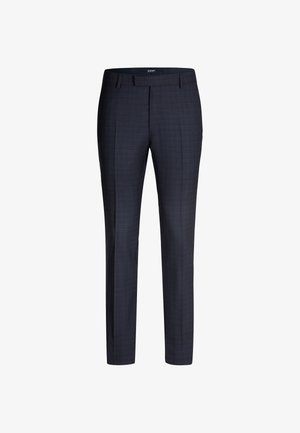 Dark navy men's dress pants featuring a textured fabric, slim fit, pressed creases, and belt loops. Subtle check pattern adds detail.