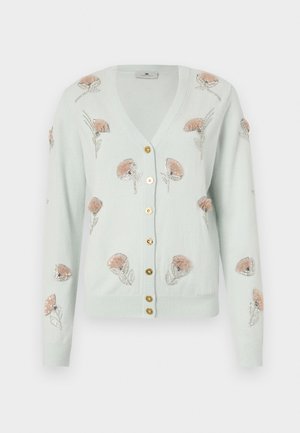 Cardigan vert clair avec un décolleté en V, des boutons dorés et des broderies florales aux accents roses et argentés. Texture douce, manches longues.